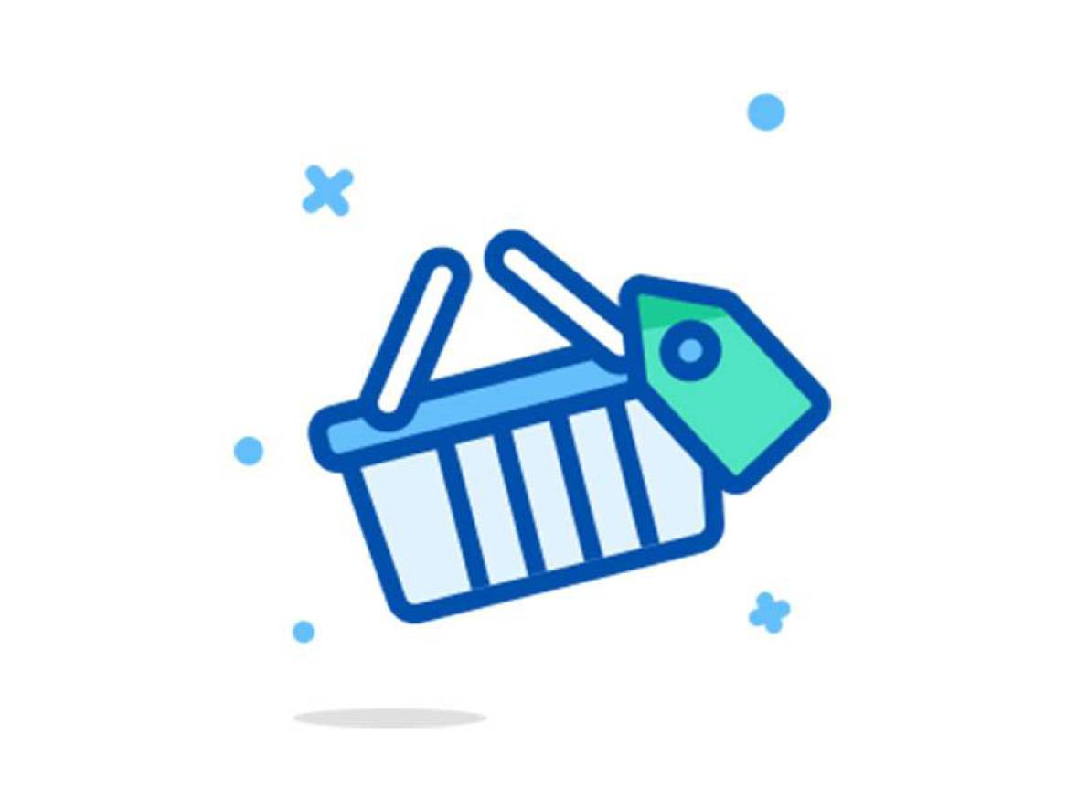 Plava košarica za kupovinu s pričvršćenom zelenom oznakom cijene.