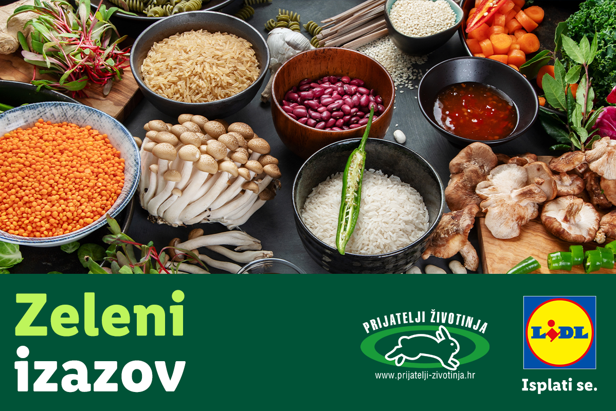 Raznovrsna zdrava hrana uključujući leću, rižu, gljive i grah, s natpisom 'Zeleni izazov' i logom Lidla.