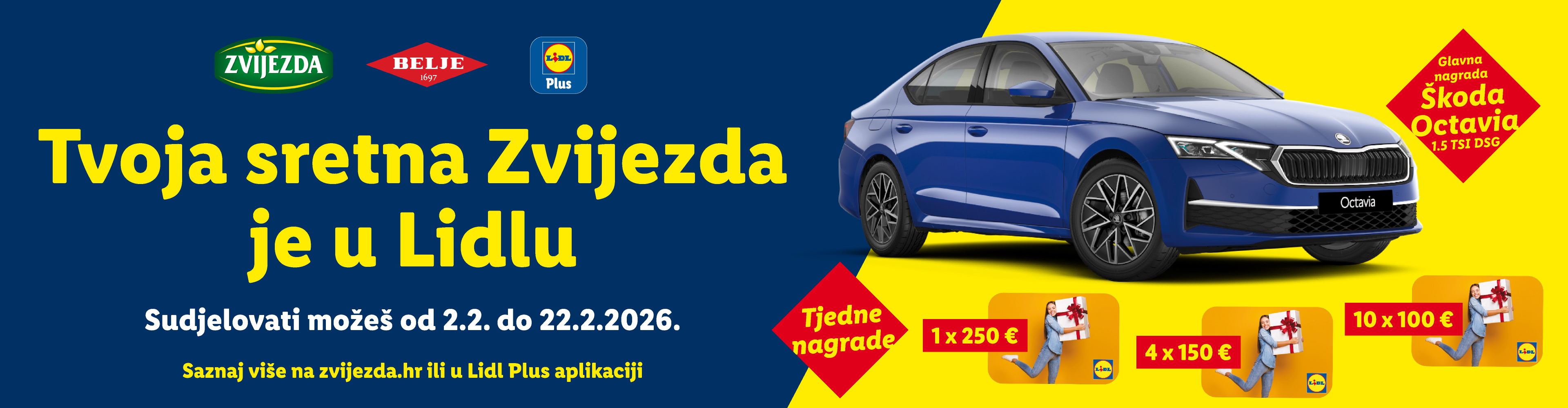 Promotivni plakat za nagradnu igru s automobilom, tjednim nagradama i uputama za sudjelovanje.