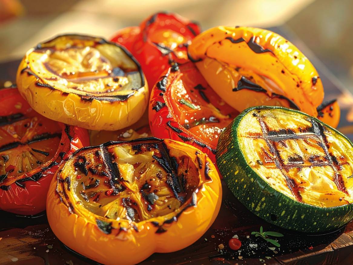 Grilovano povrće: žute i crvene paprike, tikvice i paradajz sa začinima.