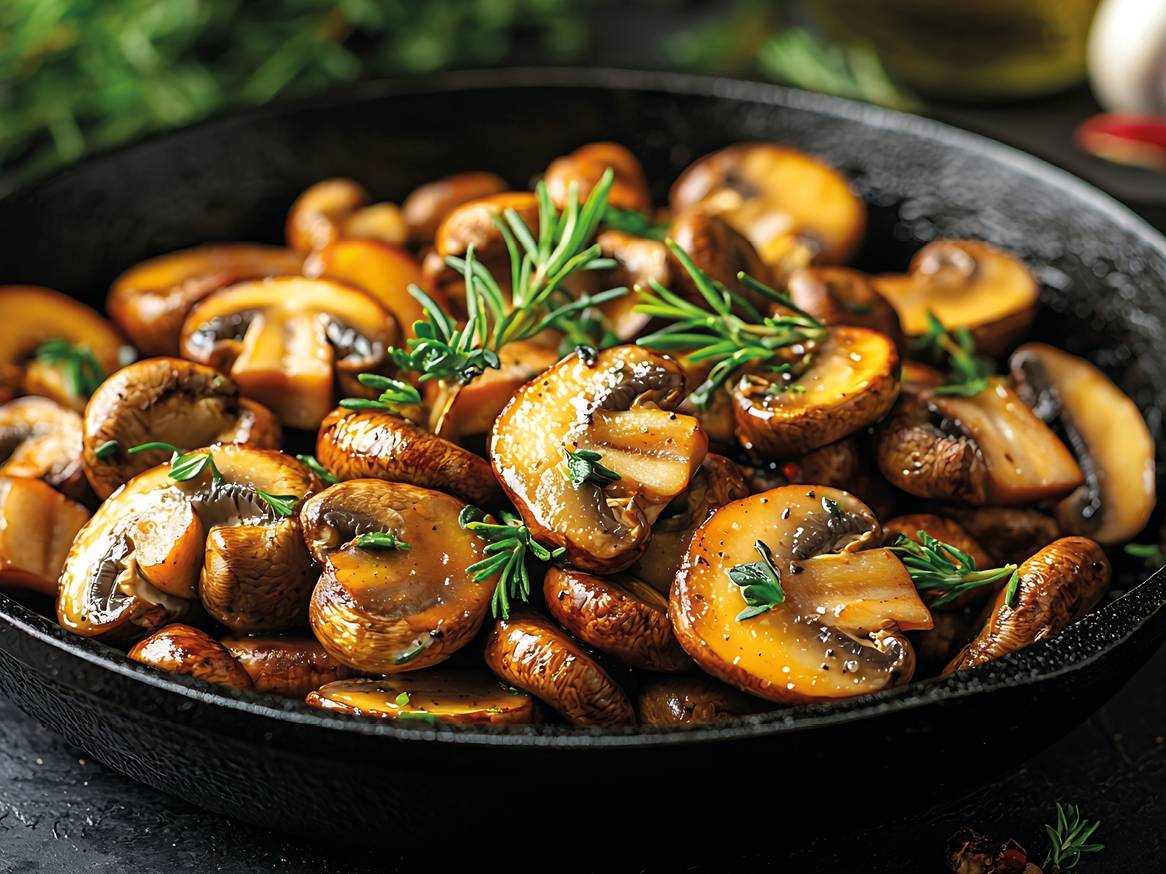 Pržene gljive s ružmarinom i timijanom u tavi od lijevanog željeza.