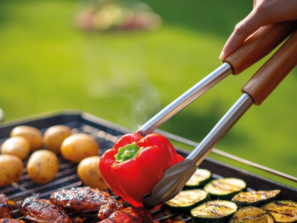 Crvena paprika i krumpir na roštilju s mesom i tikvicama, drže se hvataljkama.