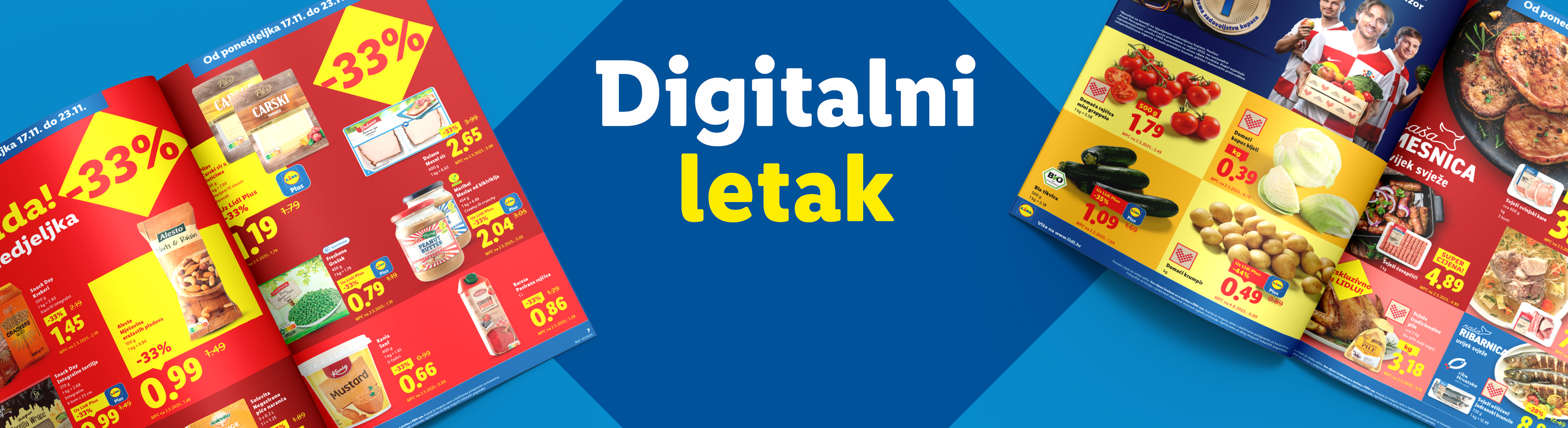 Lidl digitalni letak s ponudama na svježe meso, povrće, grickalice i namirnice, uz istaknute popuste.