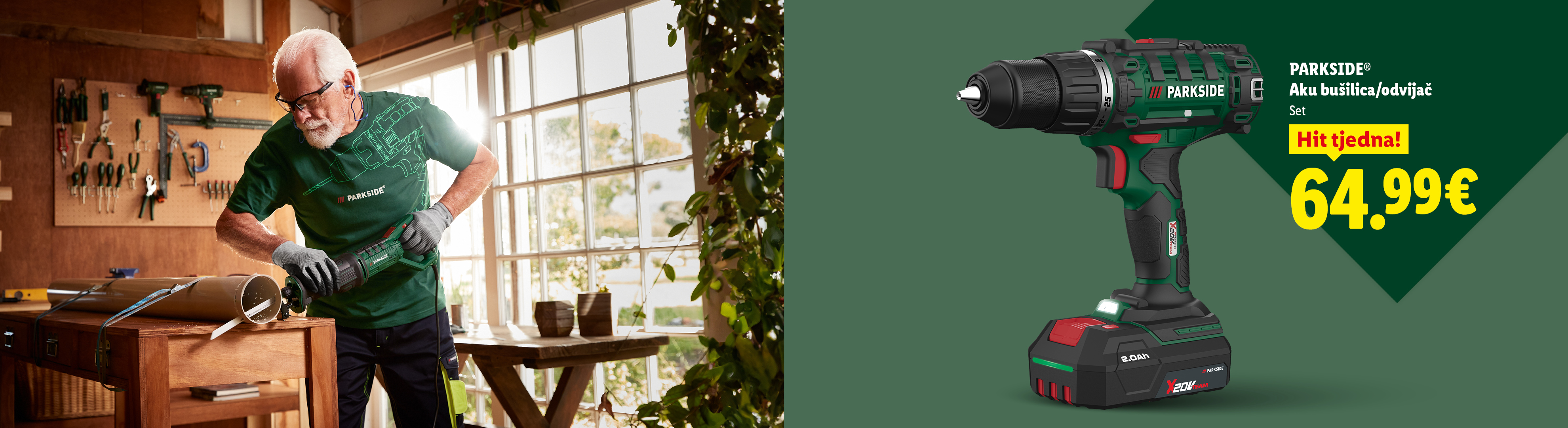 Muškarac reže cijev u radionici, a pored je prikazana akumulatorska bušilica/odvijač s cijenom.