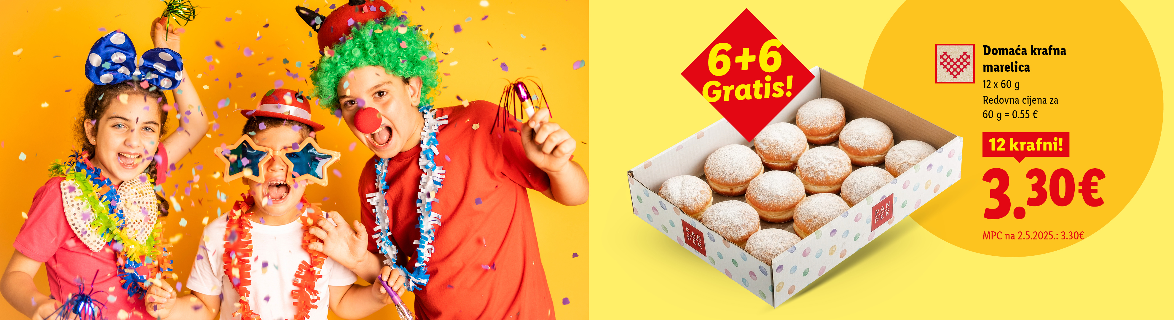 Djeca u karnevalskim kostimima i kutija s 12 krafni od marelice, s natpisom '6+6 Gratis!' i cijenom od 3,30 €.