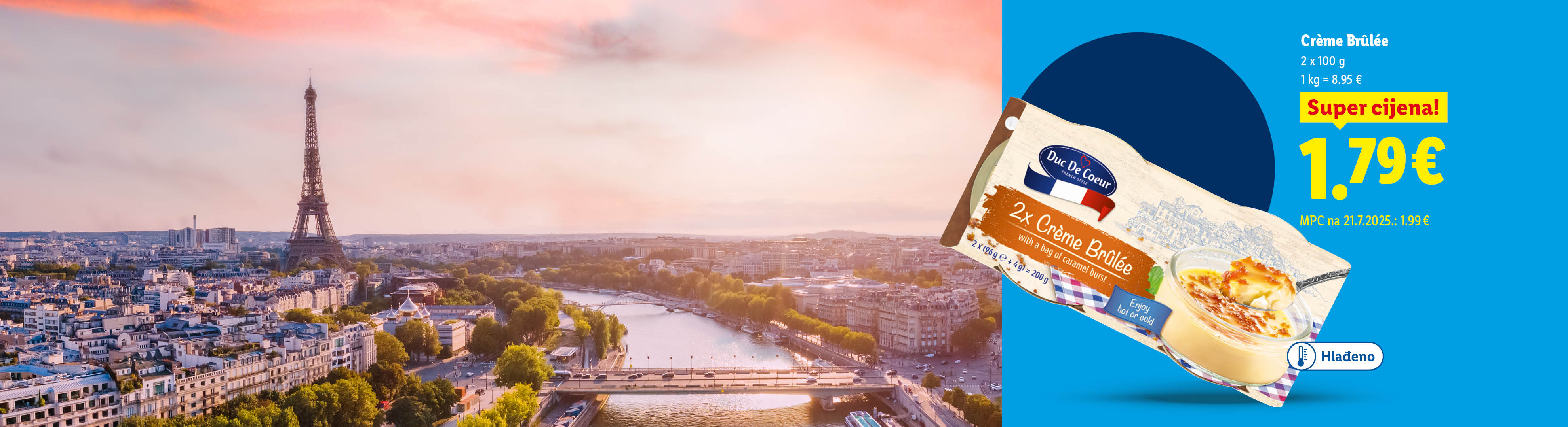 Krem brulee na pozadini Pariza s Eiffelovim tornjem, s istaknutom cijenom od 1,79 €.