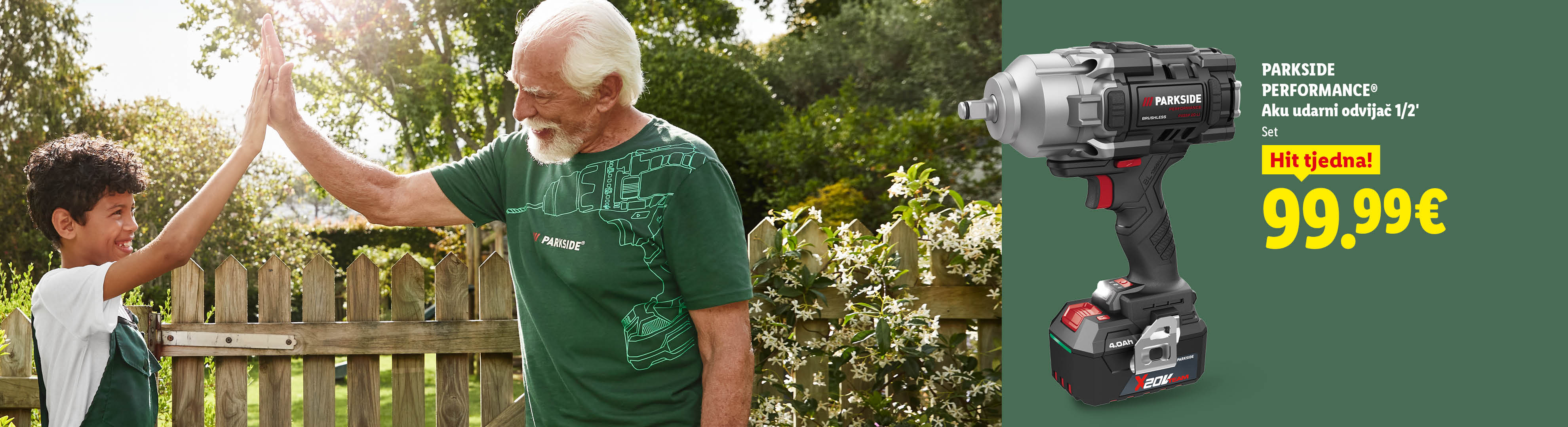 Akumulatorski udarni odvijač 1/2' s cijenom 99,99€, uz dječaka i starijeg muškarca koji se pozdravljaju.
