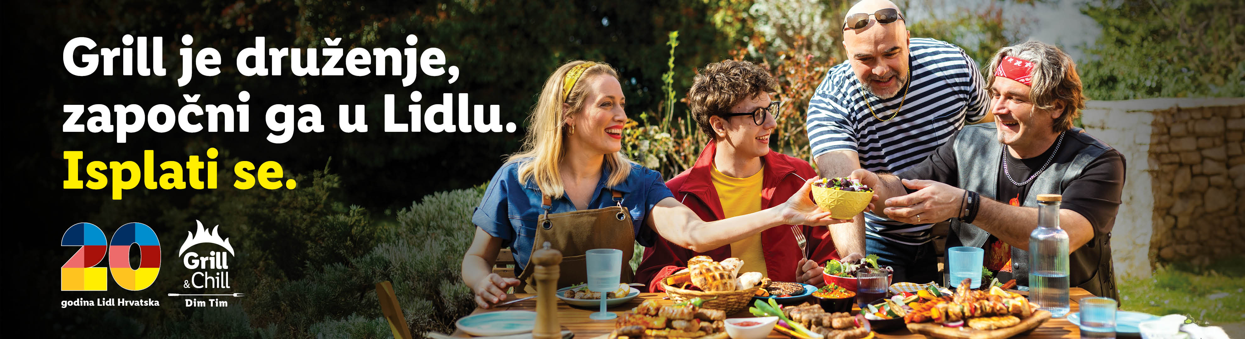 Prijatelji uživaju u roštilju s raznim mesom, salatama i pecivima, uz natpis 'Grill je druženje, započni ga u Lidlu. Isplati se.'