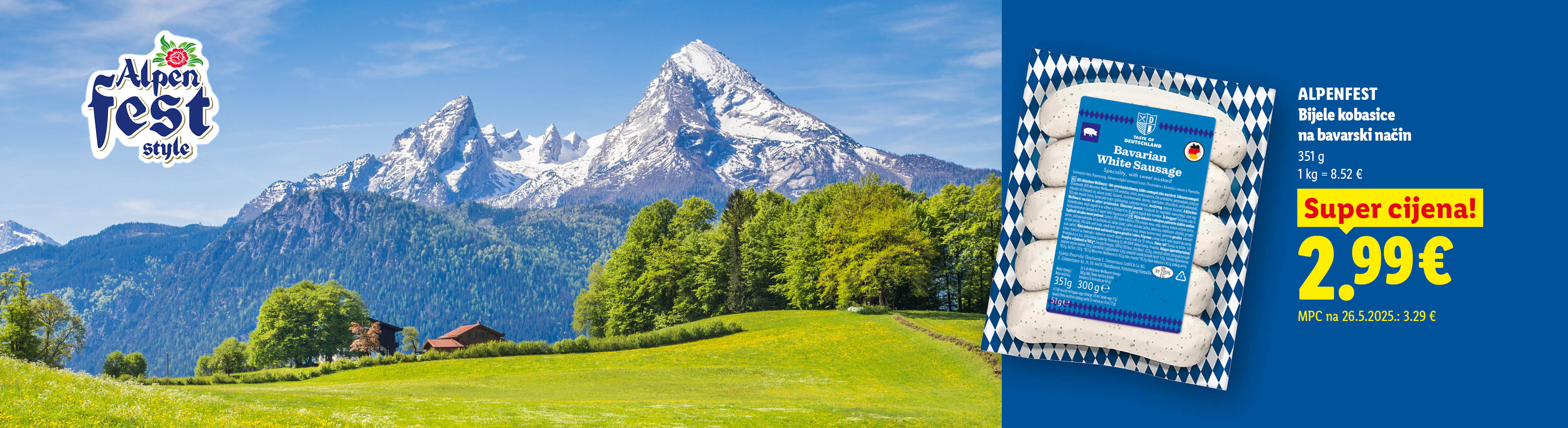Pakiranje bavarskih bijelih kobasica s planinskim krajolikom u pozadini, s natpisom 'Alpenfest style' i cijenom.