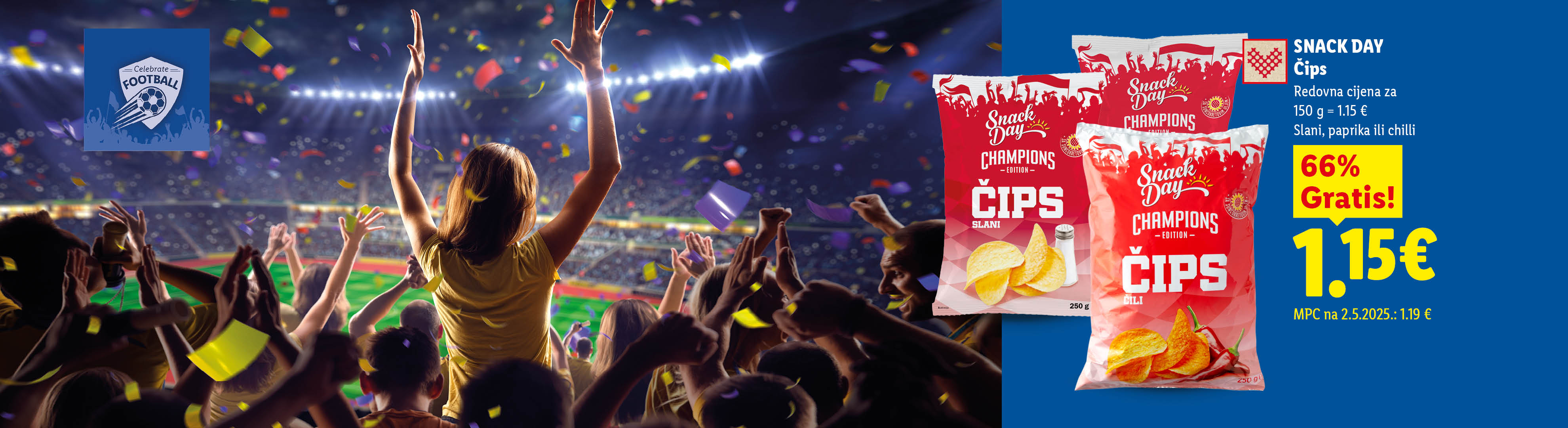 Pakiranja čipsa s temom nogometa i natpisom '66% Gratis!' na pozadini stadiona punog navijača.