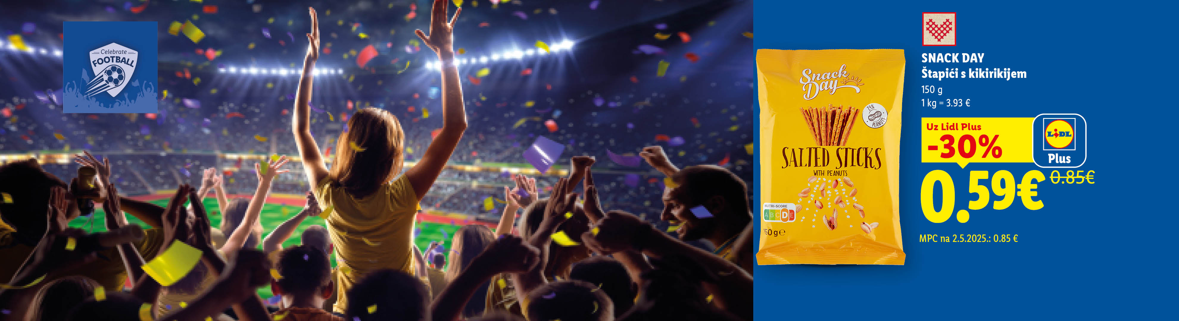 Pakiranje slanih štapića s kikirikijem uz navijače na nogometnom stadionu.