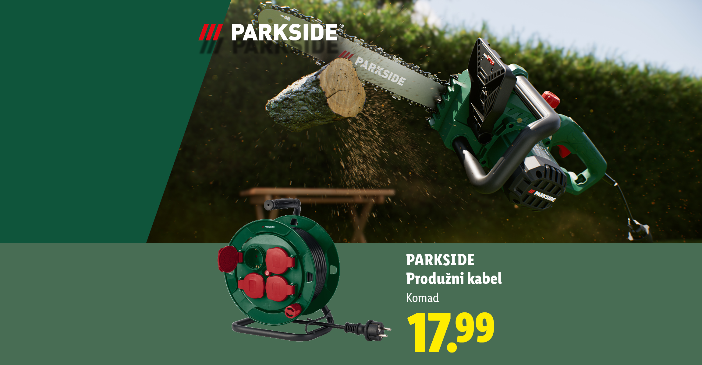 Motorna pila reže drvo, a pored je produžni kabel s 4 utičnice, cijena 17,99.