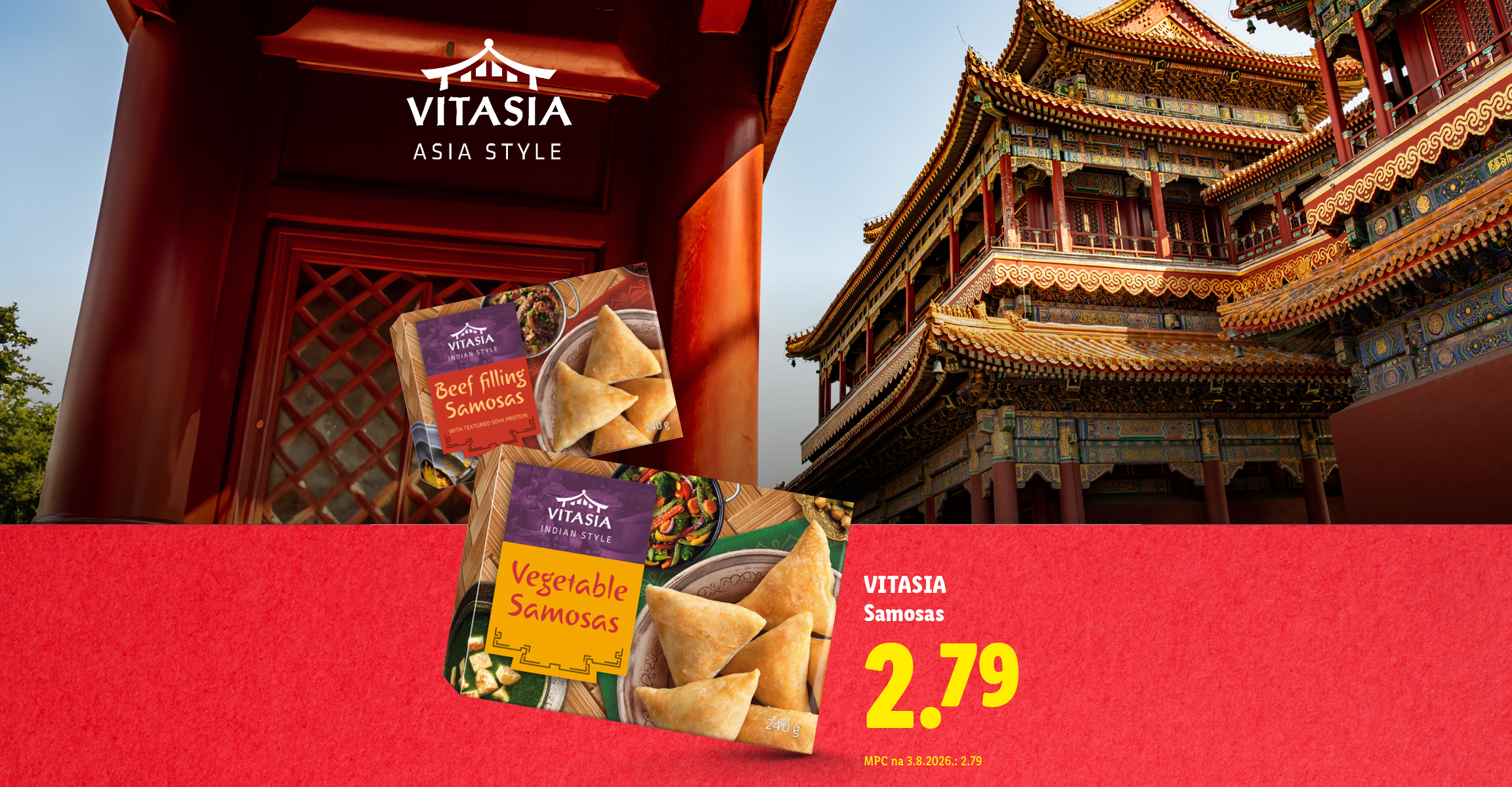 Samosa s povrćem i govedinom na pozadini azijske arhitekture, s cijenom od 2,79.
