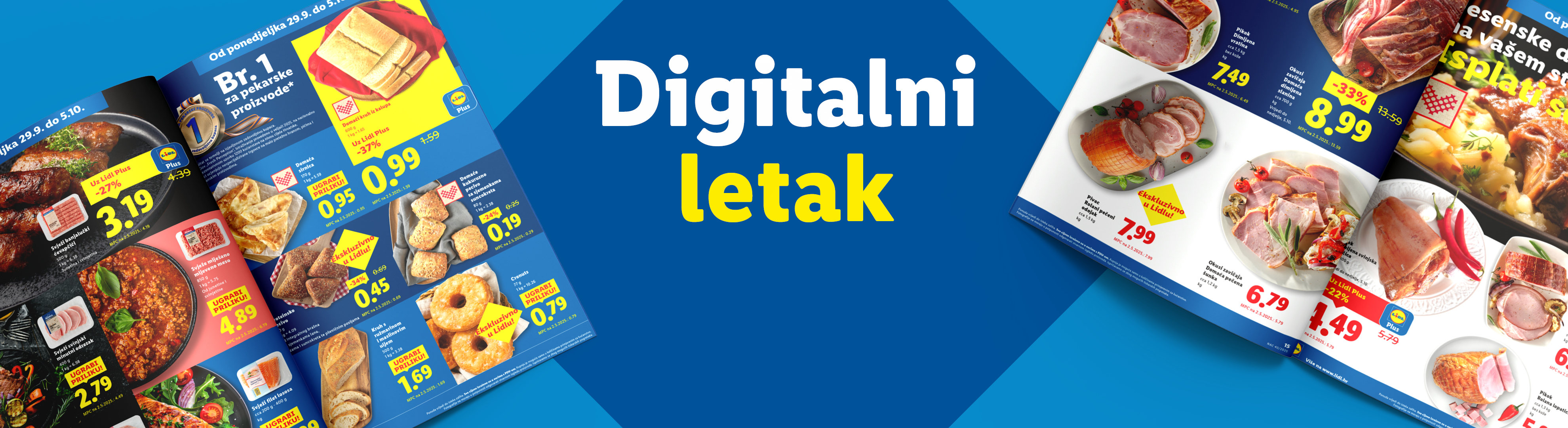 Digitalni letak s ponudom mesa, pekarskih proizvoda i drugih namirnica iz Lidla.