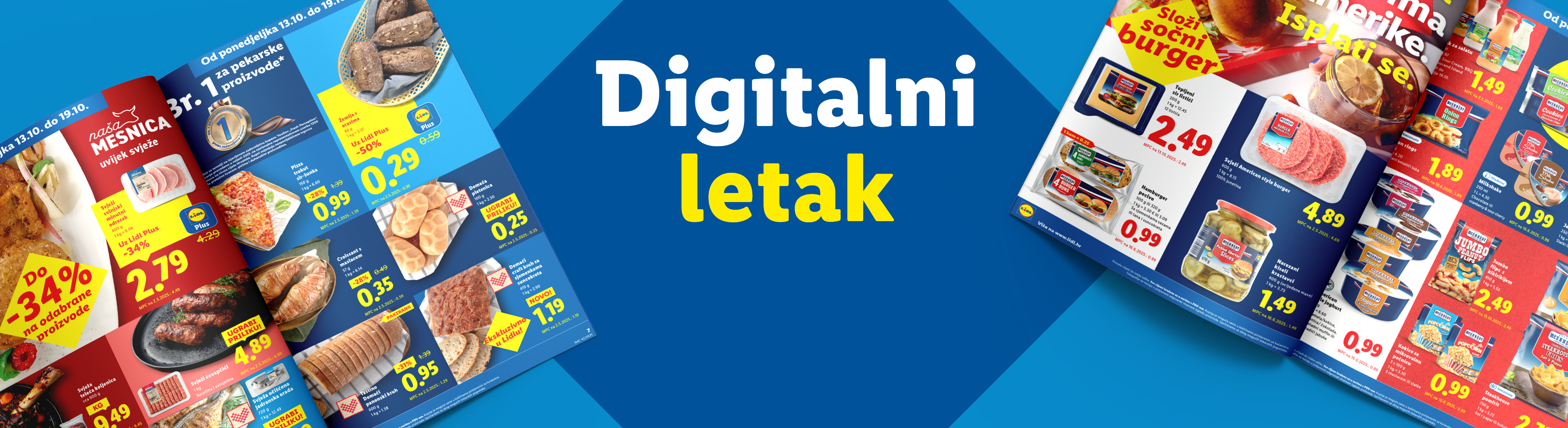 Digitalni letak s ponudom mesa, pekarskih proizvoda i namirnica za burgere.