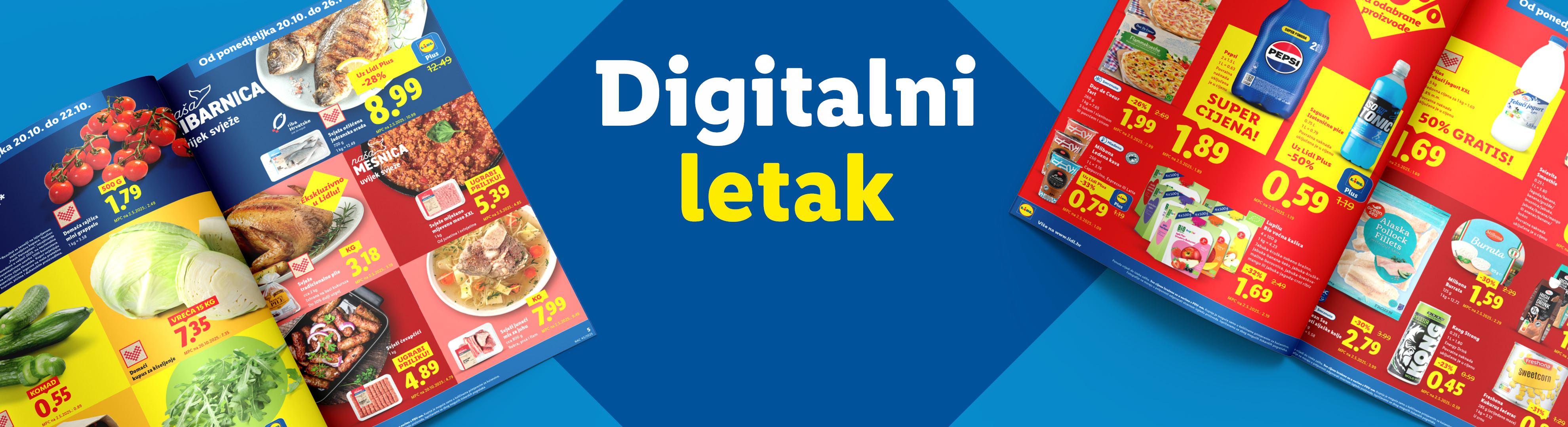 Lidl digitalni letak s ponudama za svježe meso, ribu, voće, povrće i pića.