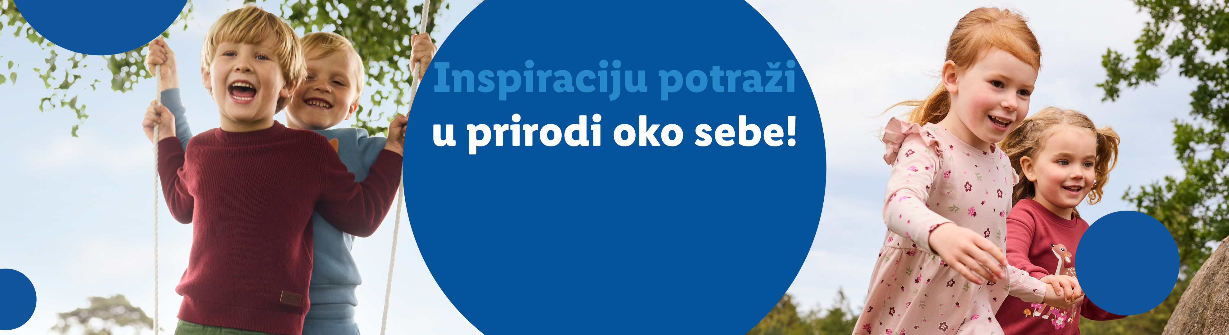 Sretna djeca se igraju vani, dječaci na ljuljački i djevojčice trče, s tekstom o prirodi.