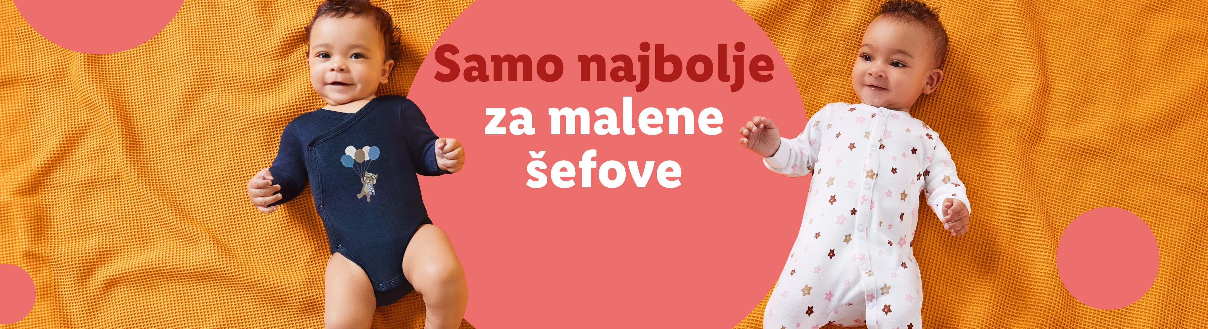 Dvije bebe u bodićima leže na žutoj dekici, s tekstom 'Samo najbolje za malene šefove'.
