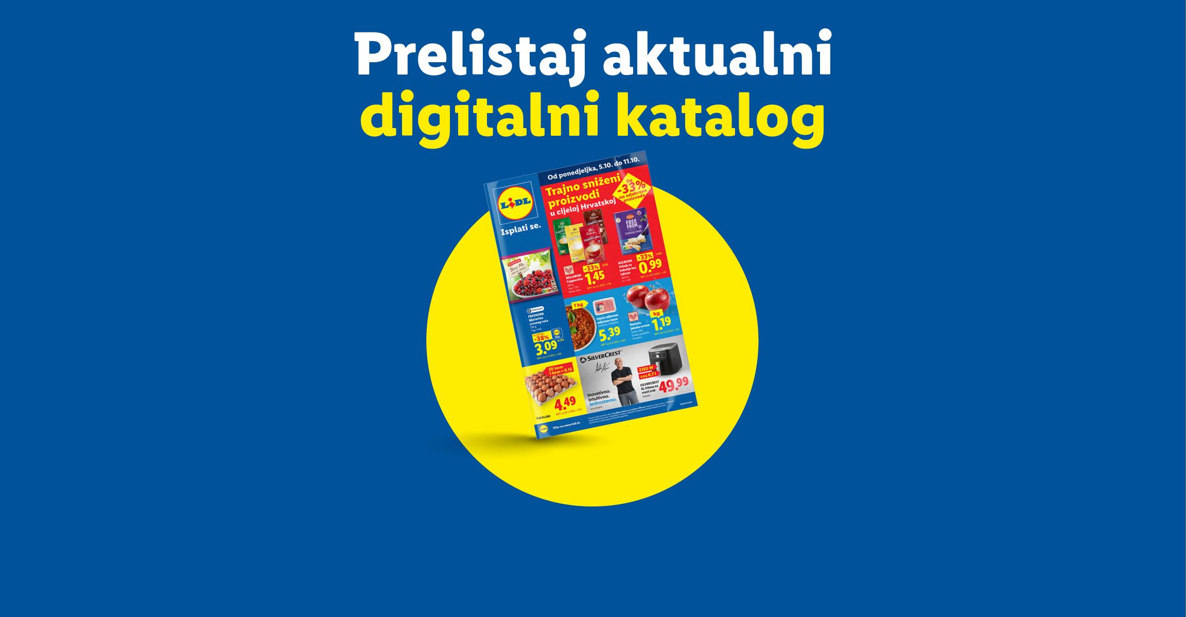 Plavi banner s pozivom na pregled tjednog kataloga s prehrambenim proizvodima i kućanskim aparatom.