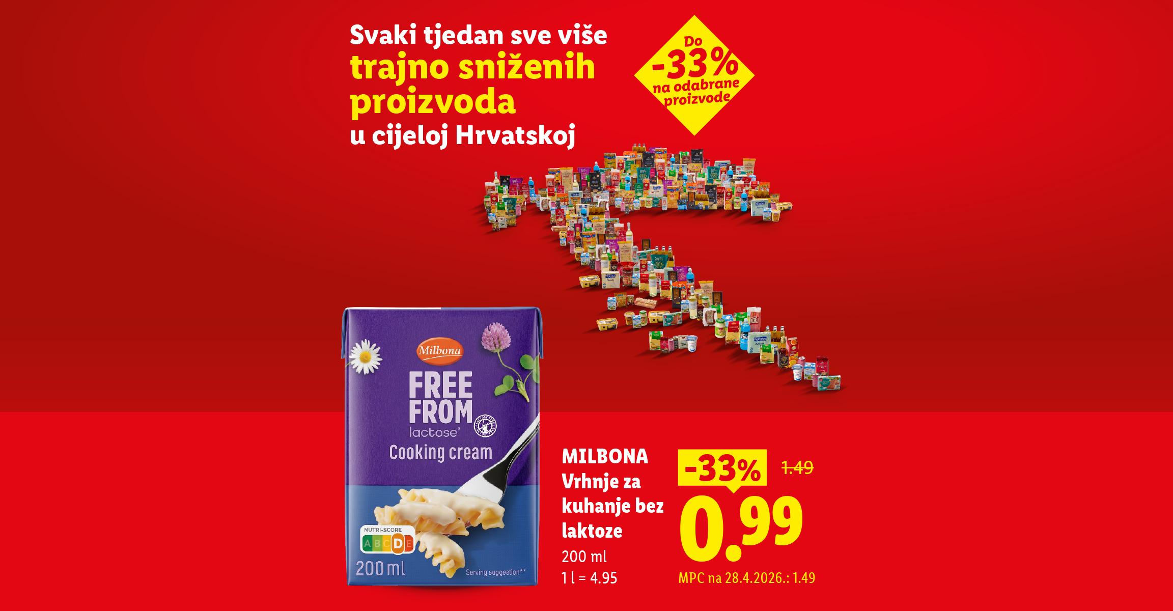Promotivni letak za vrhnje za kuhanje bez laktoze na popustu od 33%.
