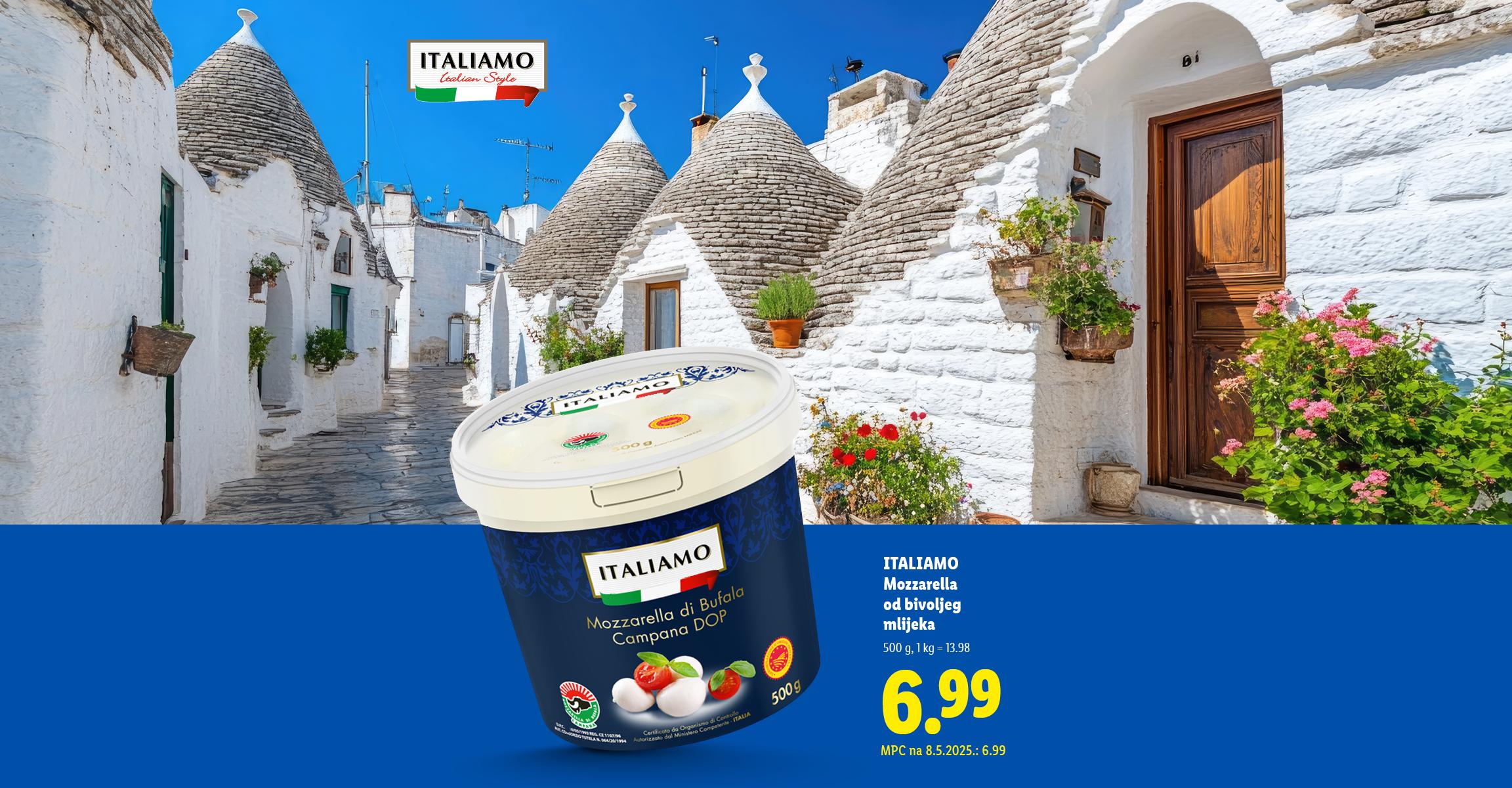 Mozzarella od bivoljeg mlijeka u pakiranju od 500 g uz tradicionalne talijanske kućice.