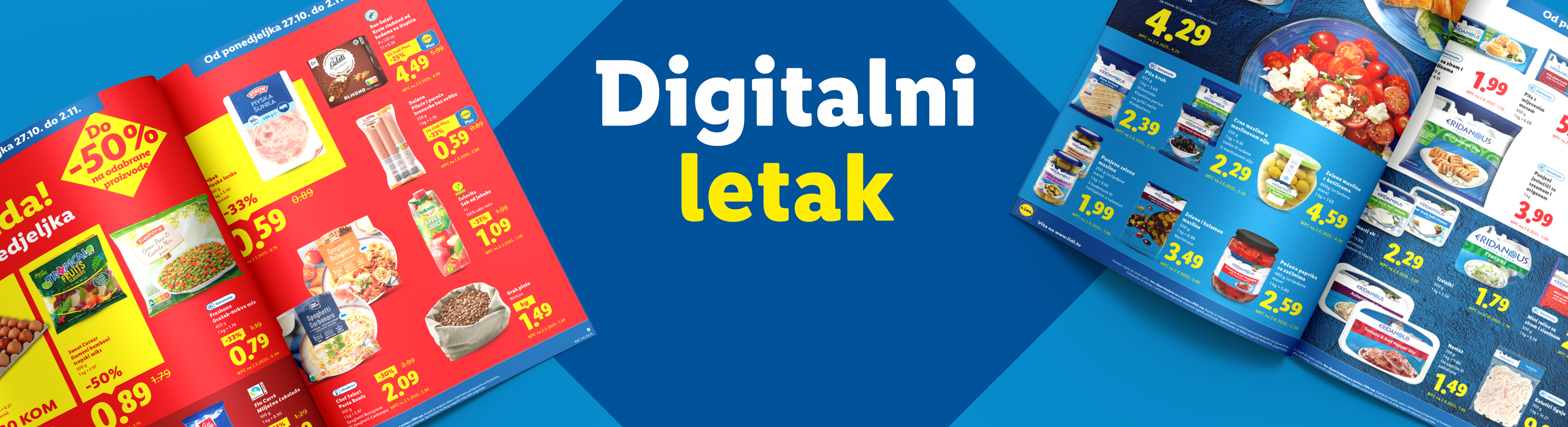 Lidl letak s ponudama za hranu, uključujući mesne prerađevine, smrznuto povrće, sokove i masline.