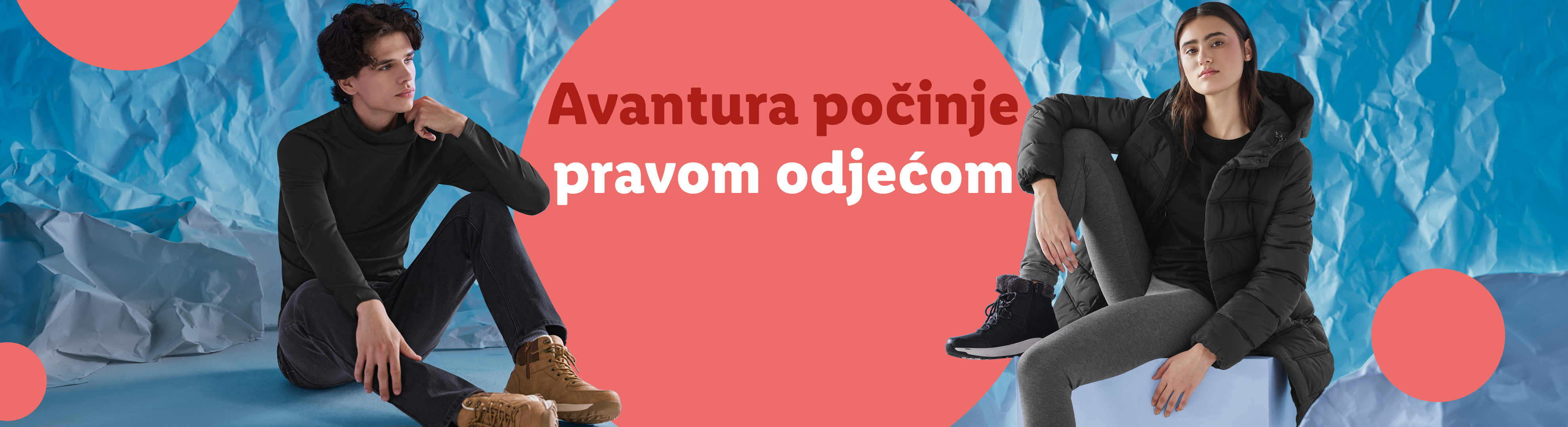 Muškarac i žena u zimskoj odjeći, s tekstom 'Avantura počinje pravom odjećom'.