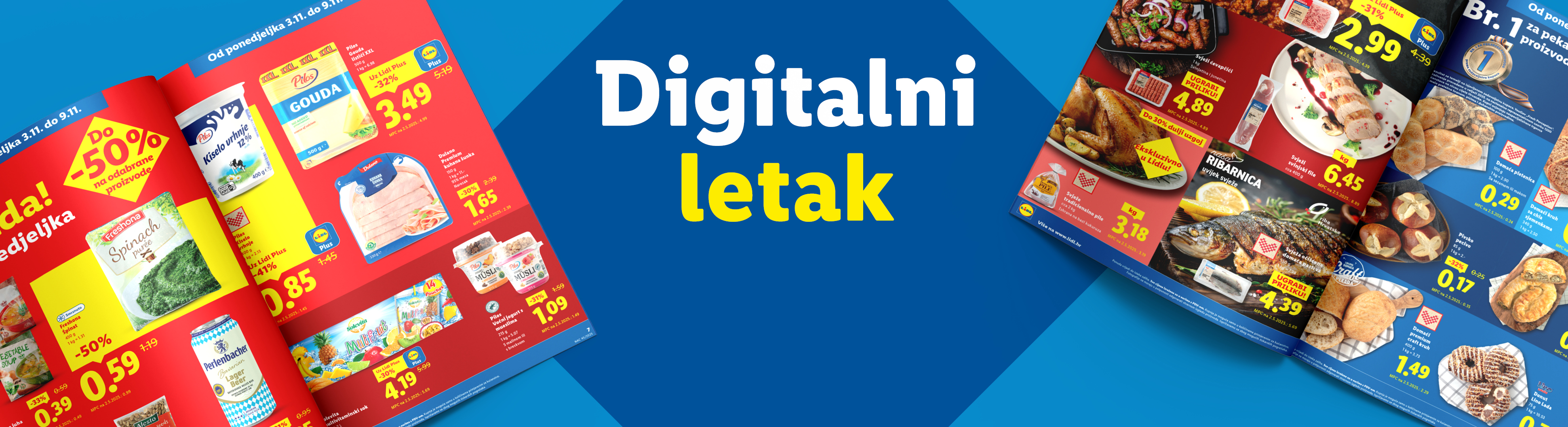 Lidlov digitalni letak s ponudama na hranu, uključujući meso, mliječne proizvode i pekarske proizvode.