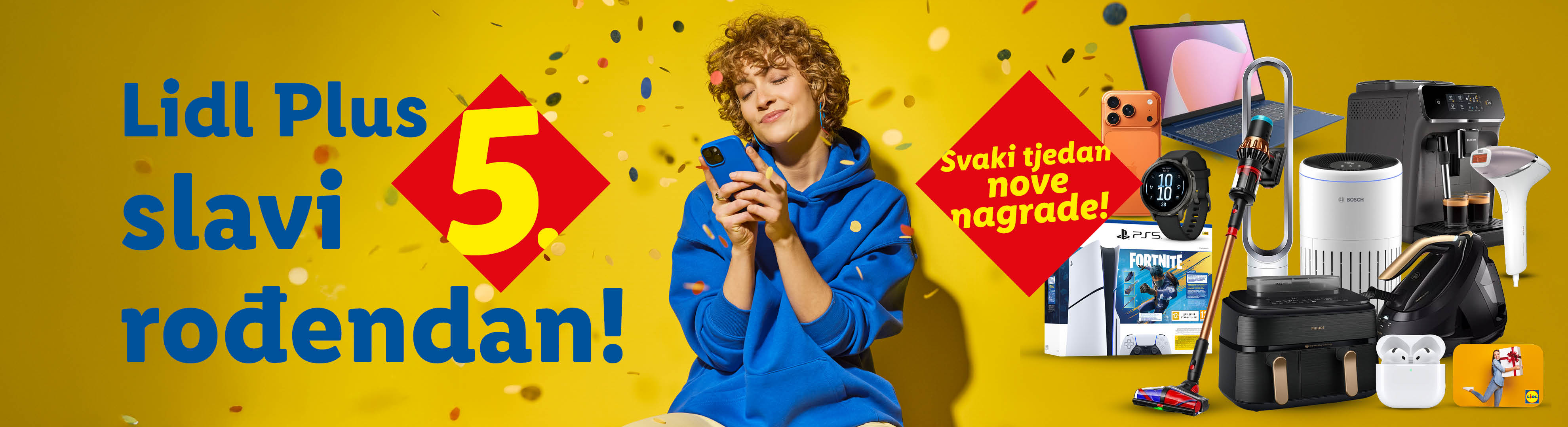 Lidl Plus slavi 5. rođendan s tjednim nagradama, uključujući pametni telefon, laptop, igraću konzolu i kućanske aparate.