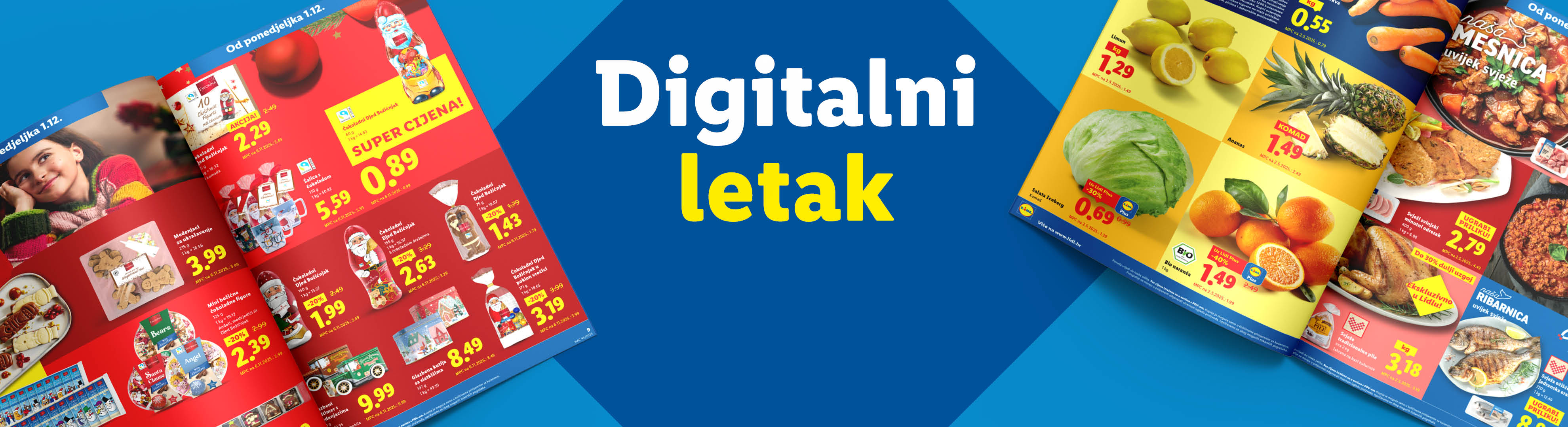 Lidl letak s božićnim slatkišima, svježim voćem i mesom.