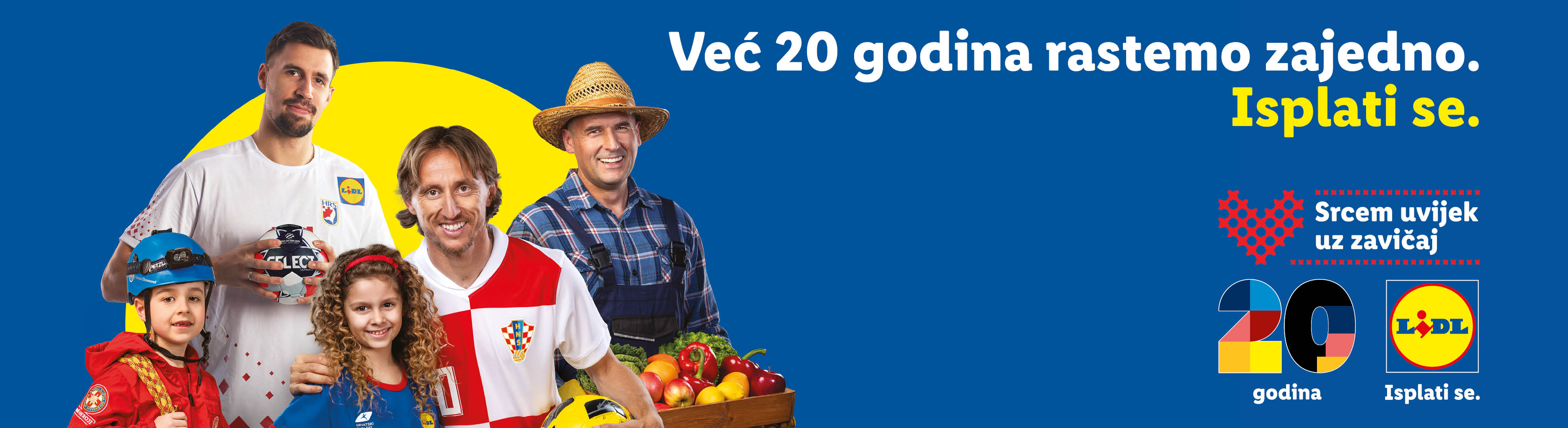 Lidl slavi 20 godina rasta s kupcima, prikazujući sportaše, djecu i poljoprivrednika s proizvodima.