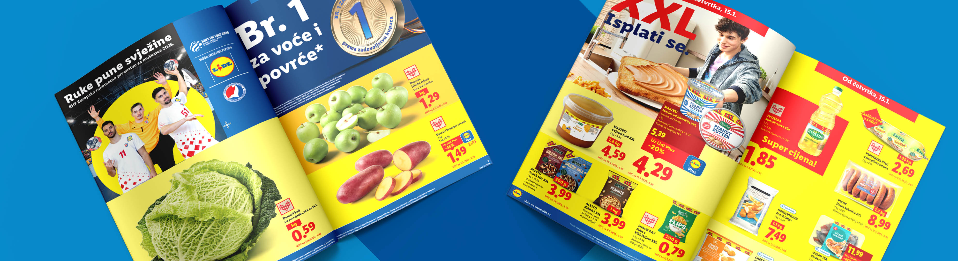 Lidl letak s ponudama za voće i povrće, uključujući jabuke i krumpir, te prehrambene proizvode poput maslaca od kikirikija i ulja.