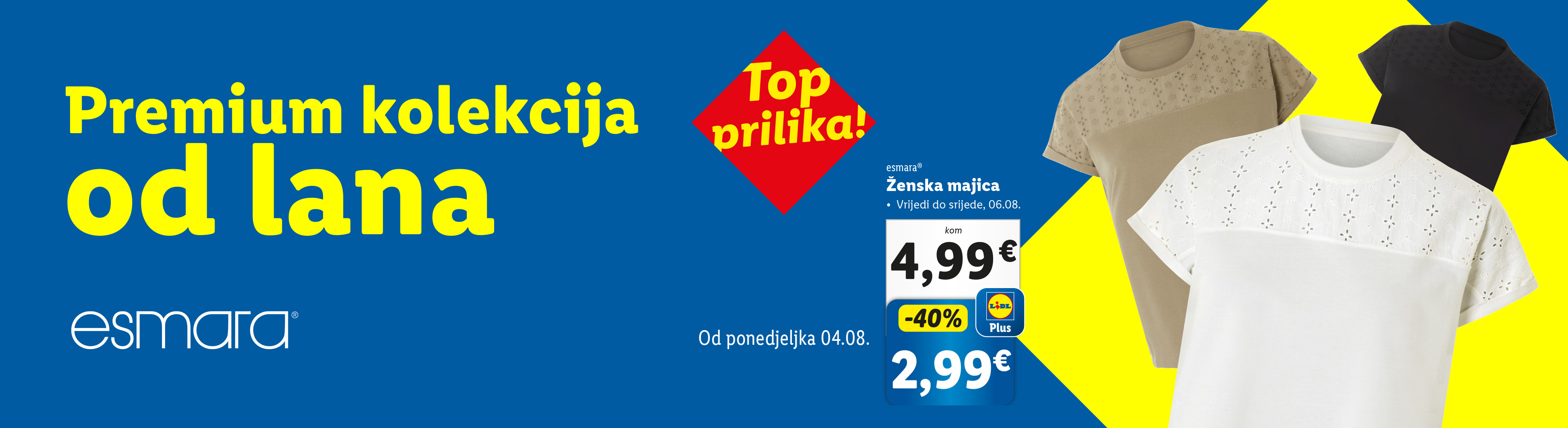 Esmara premium kolekcija ženskih majica od lana, sniženje -40%, 2,99€ od 04.08.