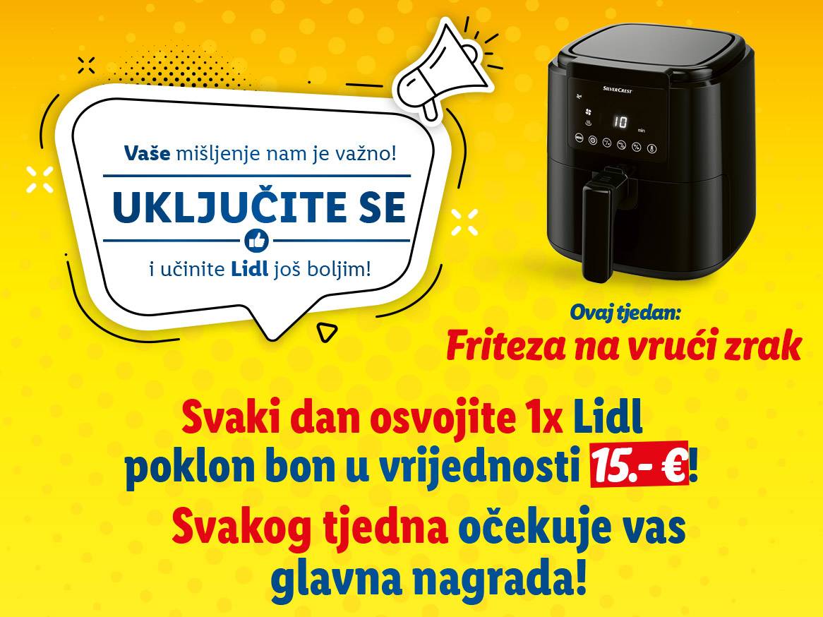 Oglas za Lidl s fritezom na vrući zrak i nagradnom igrom.