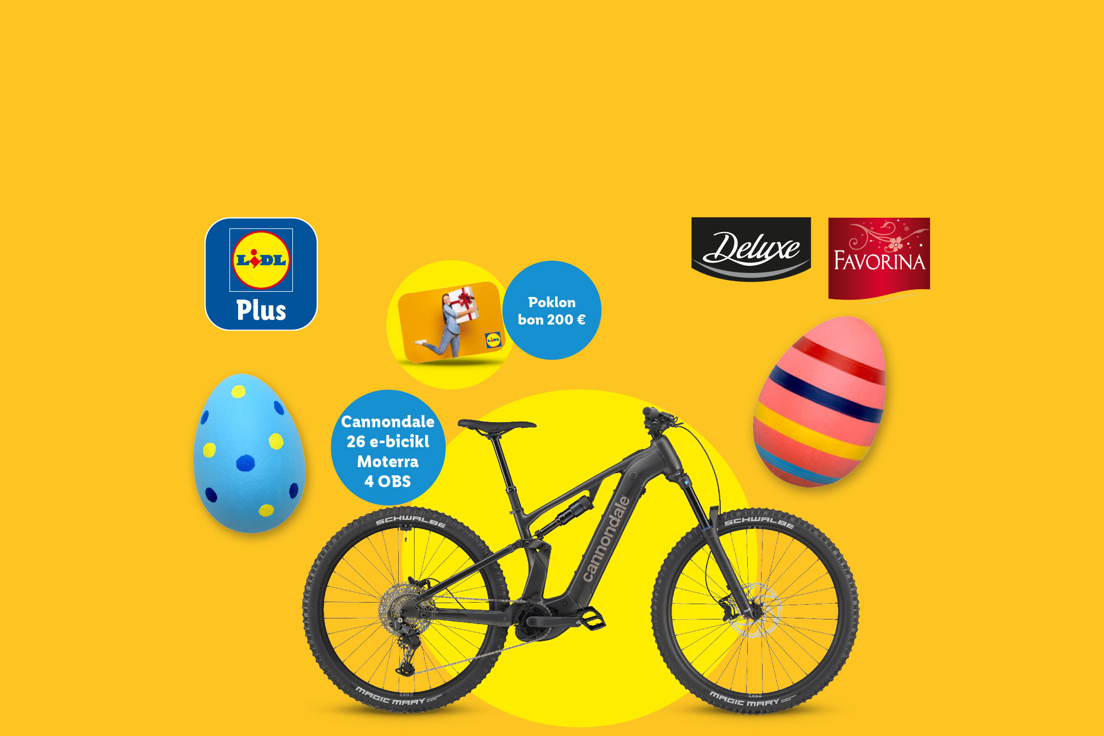 Crni električni bicikl, poklon bon od 200 €, uskršnja jaja i logotipi trgovine.