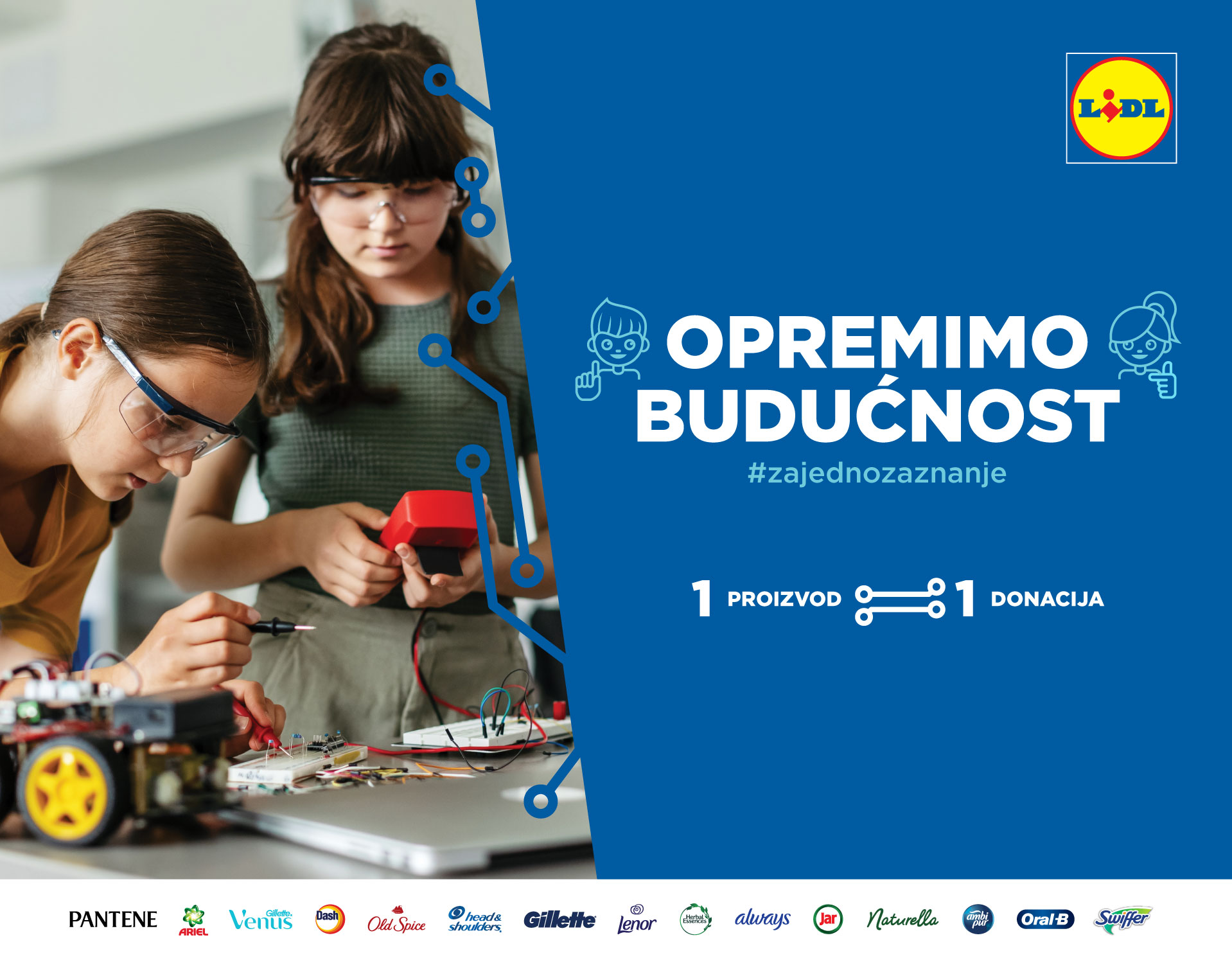 Djevojčice rade na znanstvenom projektu uz logotipove poznatih kozmetičkih i kućanskih proizvoda.