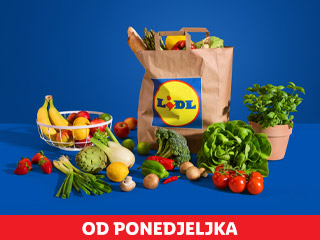 Lidl papirnata vrećica s namirnicama, okružena svježim voćem i povrćem, s natpisom 'OD PONEDJELJKA'.