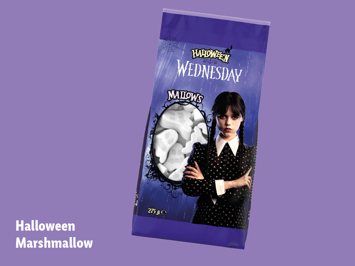 Pakiranje Halloween Wednesday marshmallowa s likom Wednesday Addams i marshmallowima u obliku duhova.