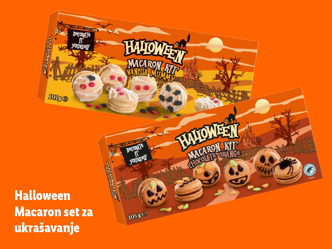 Dva pakiranja Halloween makaron kompleta za ukrašavanje, s okusima vanilije i čokolade-naranče.