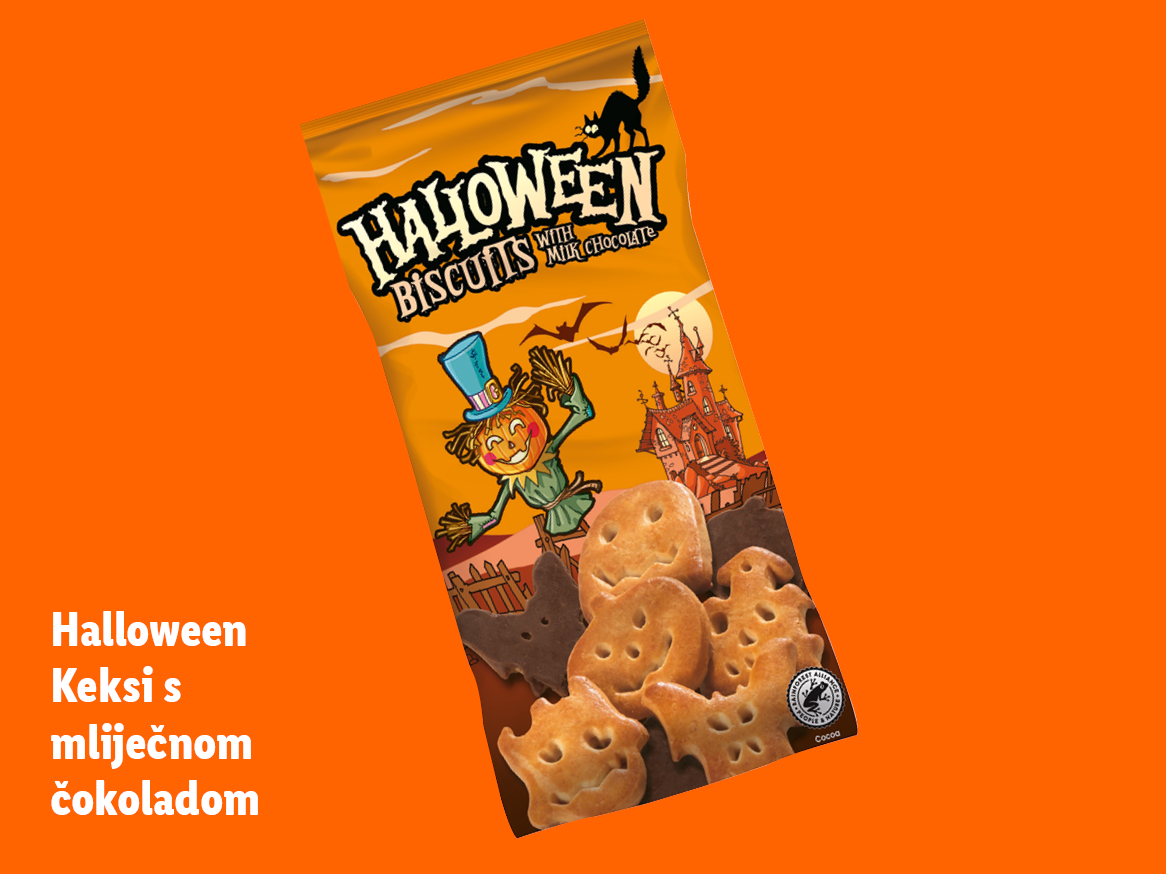 Pakiranje Halloween keksa s mliječnom čokoladom s motivima bundeve i šišmiša.