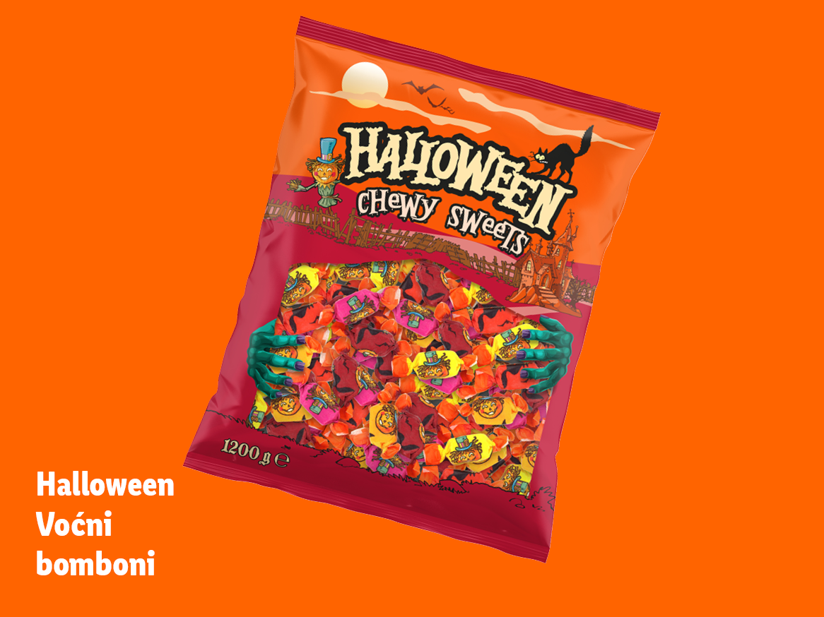 Vrećica Halloween žvakaćih bombona s motivima Noći vještica i natpisom 'Chewy Sweets'.