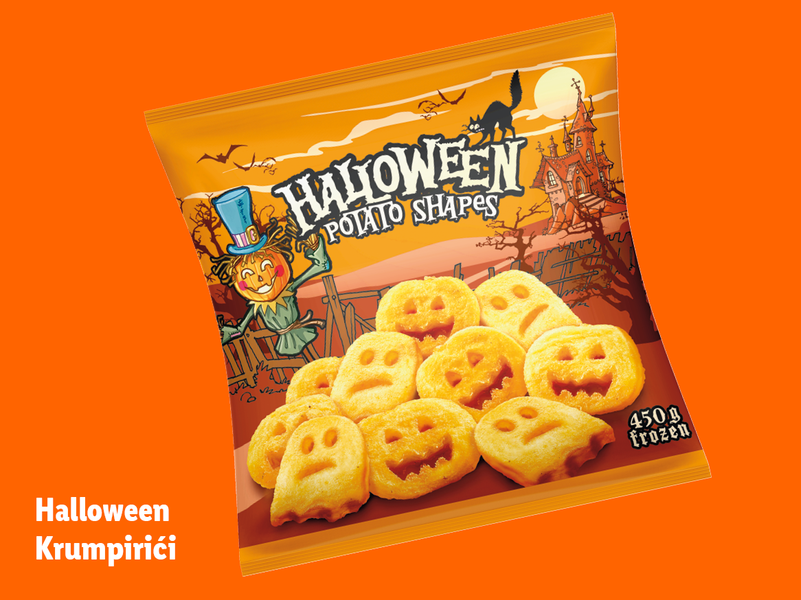 Pakiranje Halloween krumpirovih oblika s bundevama i duhovima na narančastoj pozadini.