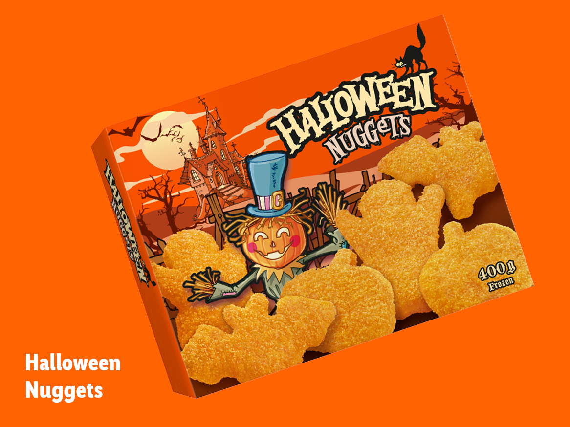 Kutija Halloween nuggets-a s oblicima duhova, bundeva i šišmiša na narančastoj pozadini.