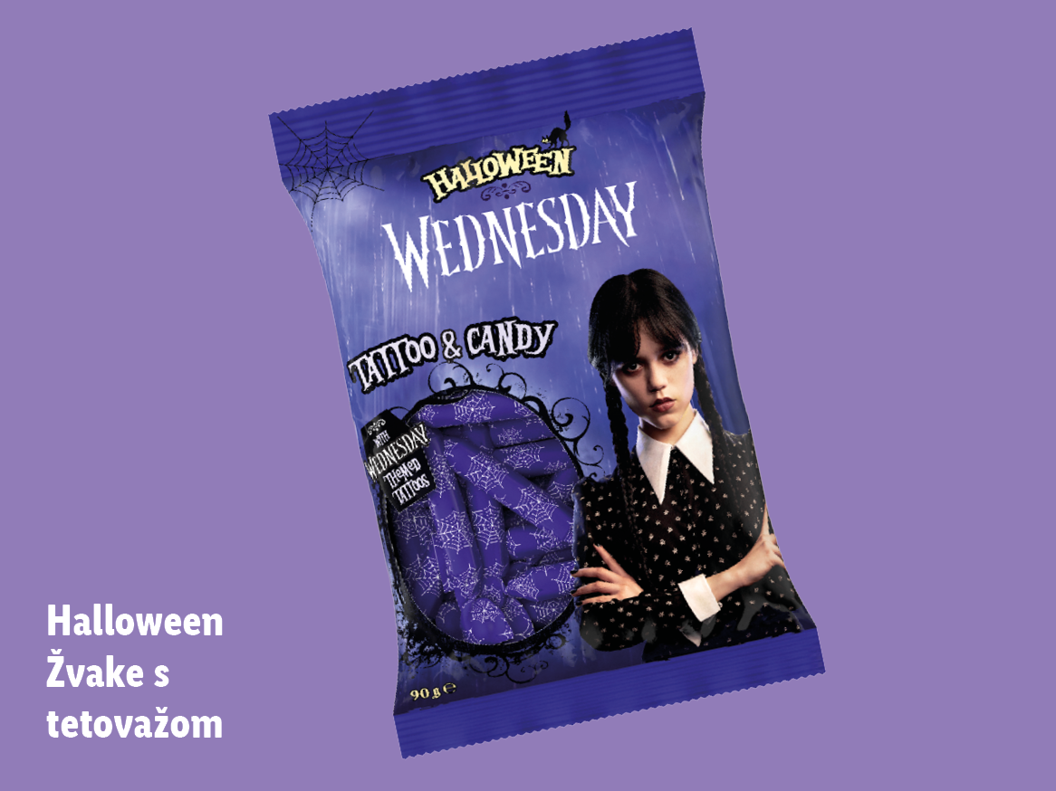 Pakiranje bombona i tetovaža s temom Wednesday Addams za Halloween.
