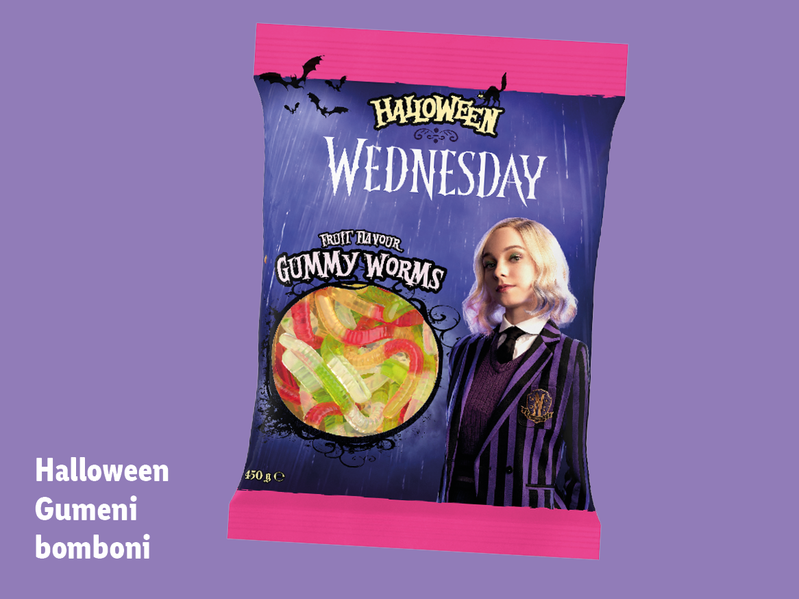 Pakiranje gumenih bombona s temom Halloween Wednesday i likom Enid Sinclair.
