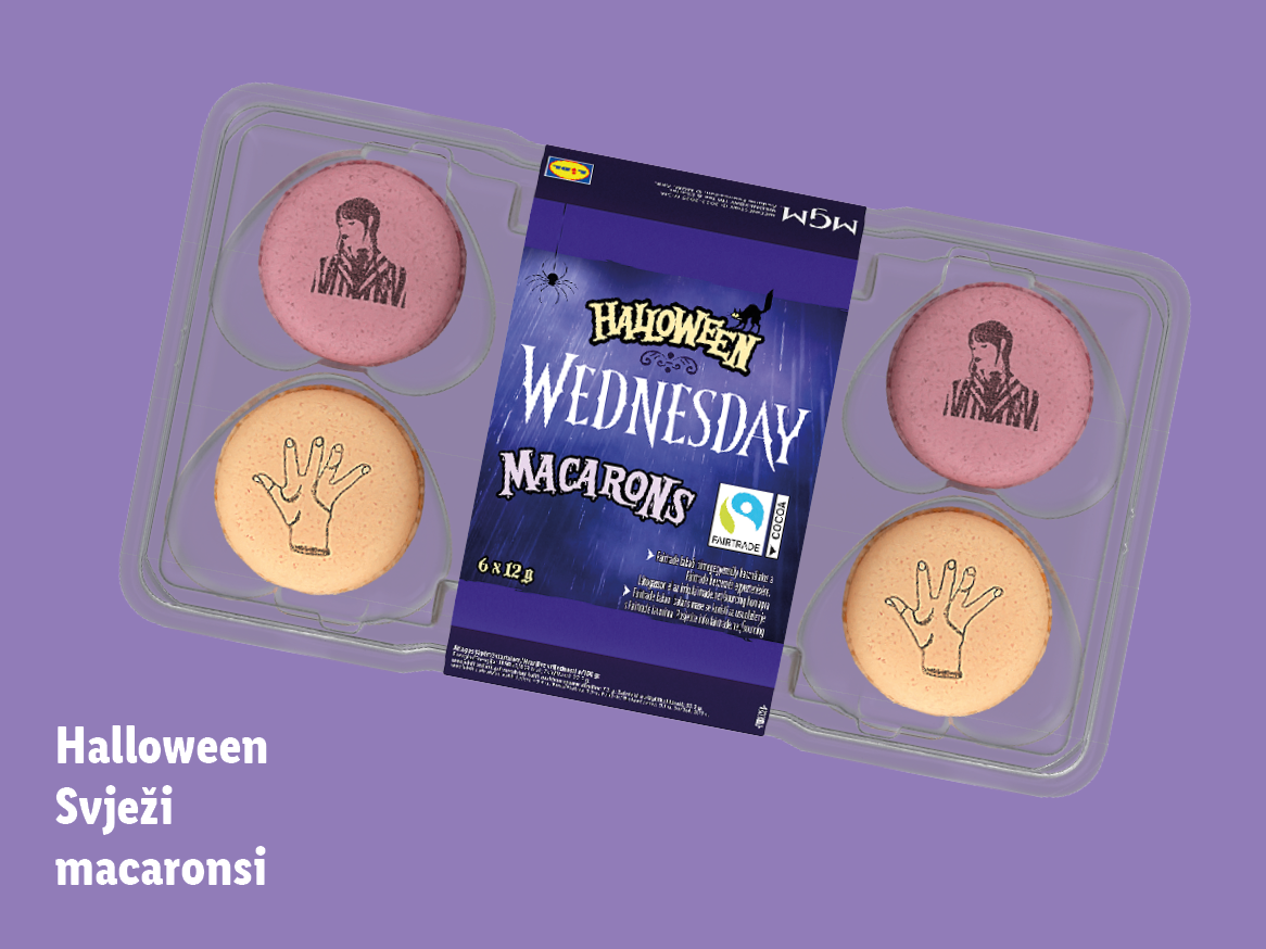 Pakiranje makarona s temom Halloween Wednesday, s likovima Wednesday i Stvari.