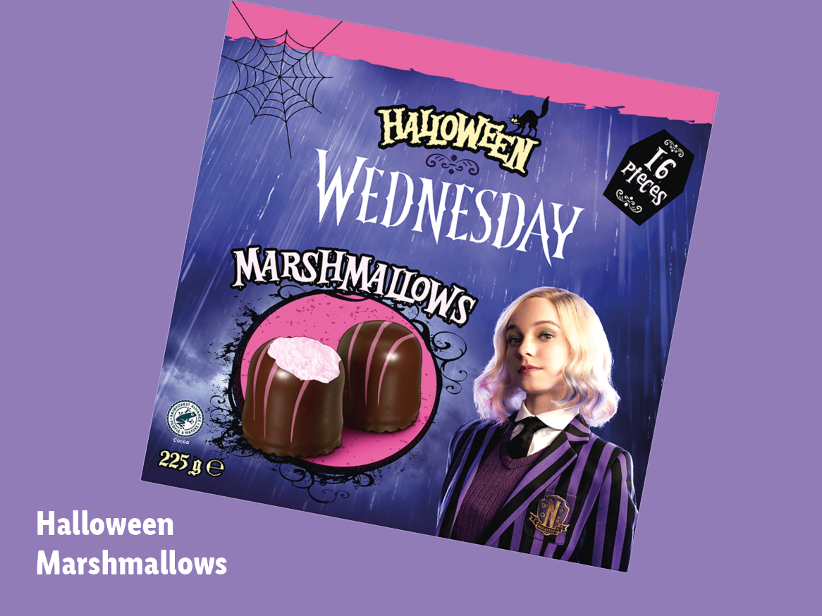 Pakiranje Halloween Wednesday marshmallowa s likom iz serije i 16 komada.