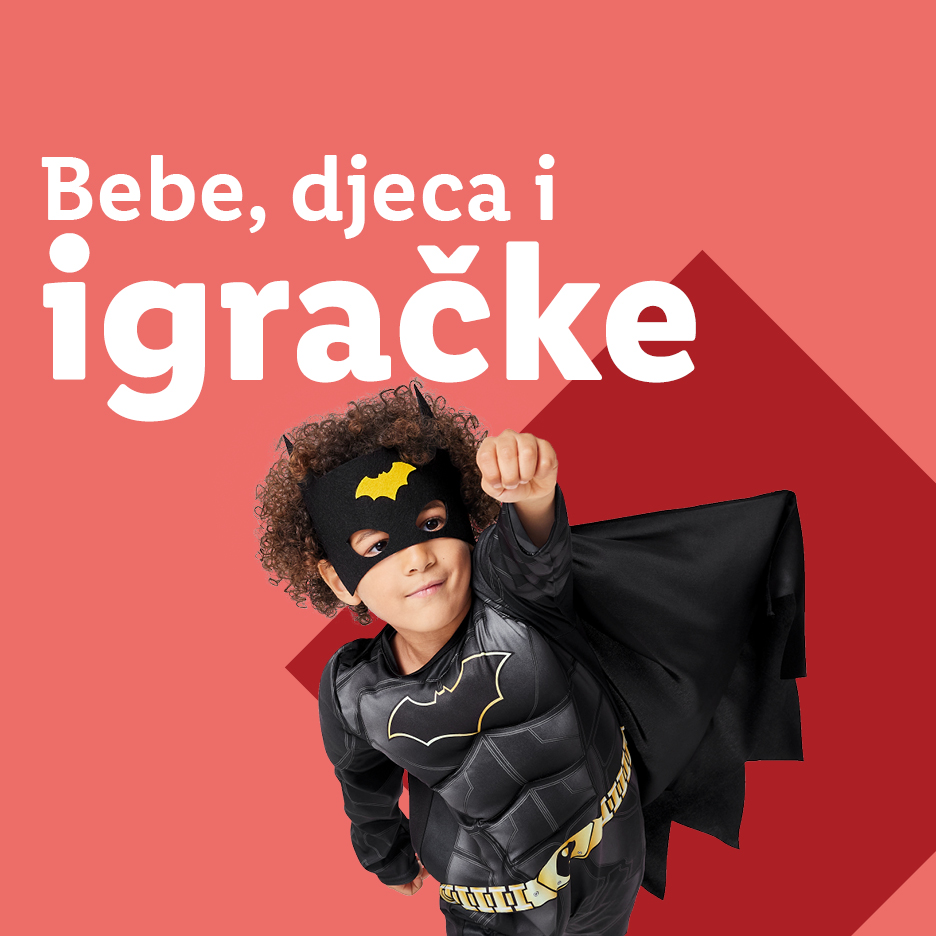Dijete u kostimu Batmana s tekstom 'Bebe, djeca i igračke'.