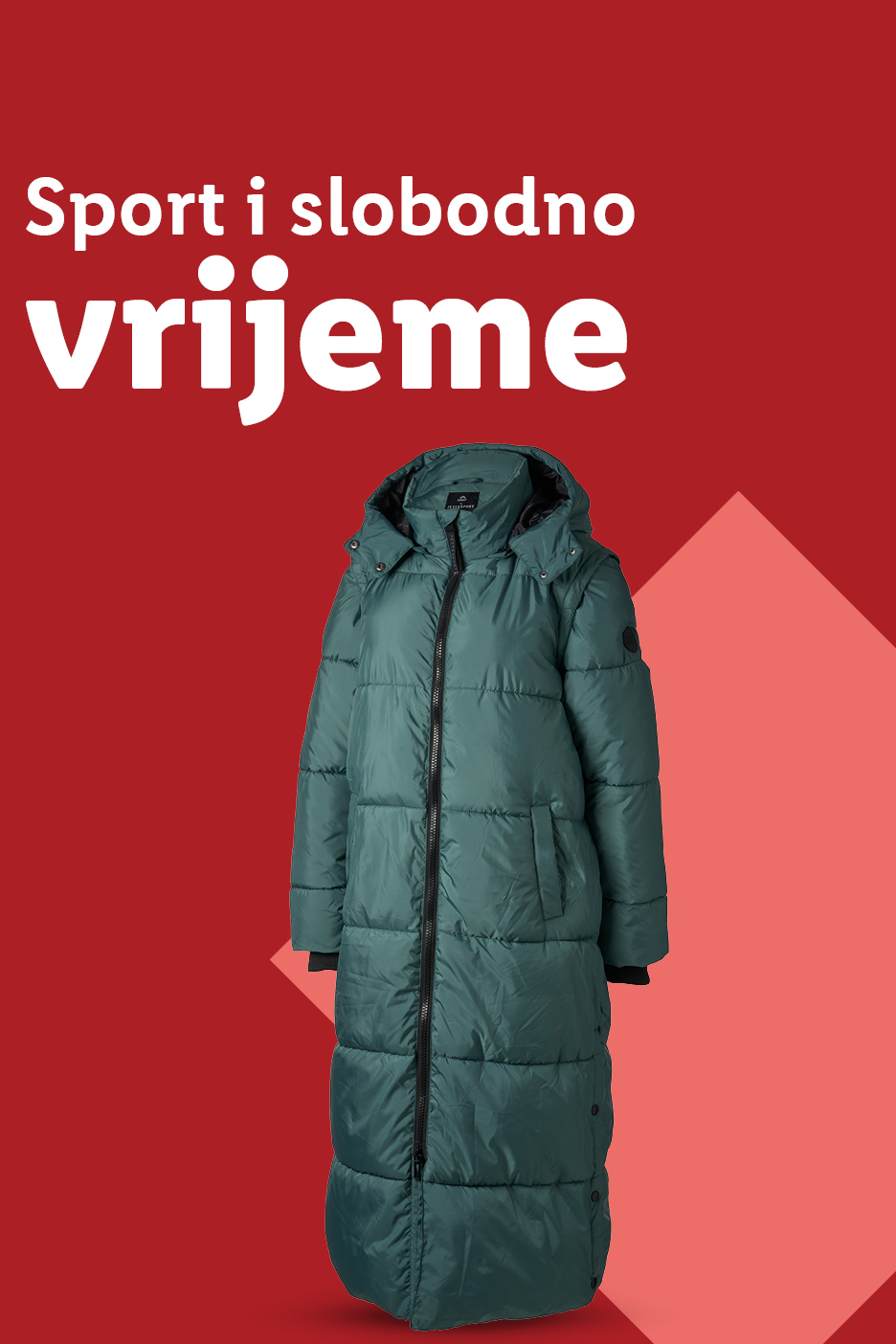 Dugačka zelena zimska jakna s natpisom 'Sport i slobodno vrijeme'.