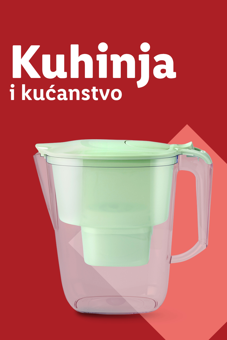 Bokal za filtriranje vode na crvenoj pozadini s tekstom 'Kuhinja i kućanstvo'.